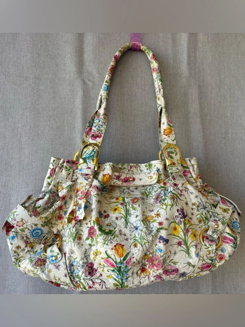 Big Buddha Floral Print Shoulder Bag in White with Multicolor Flowers - Picture 1 of 14